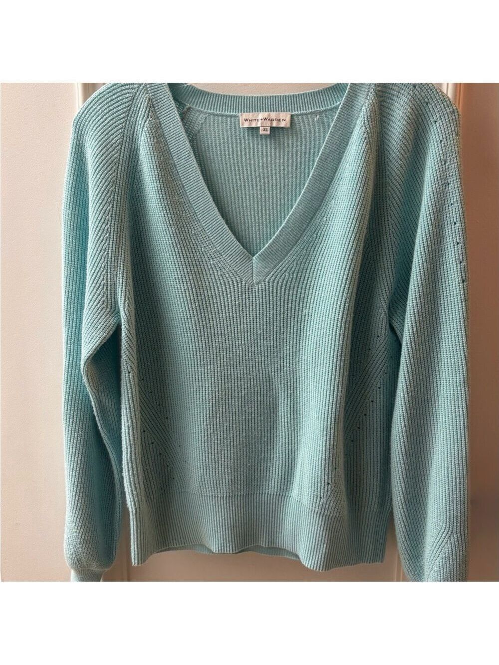 White + Warren V-Neck Sweater - Aqua